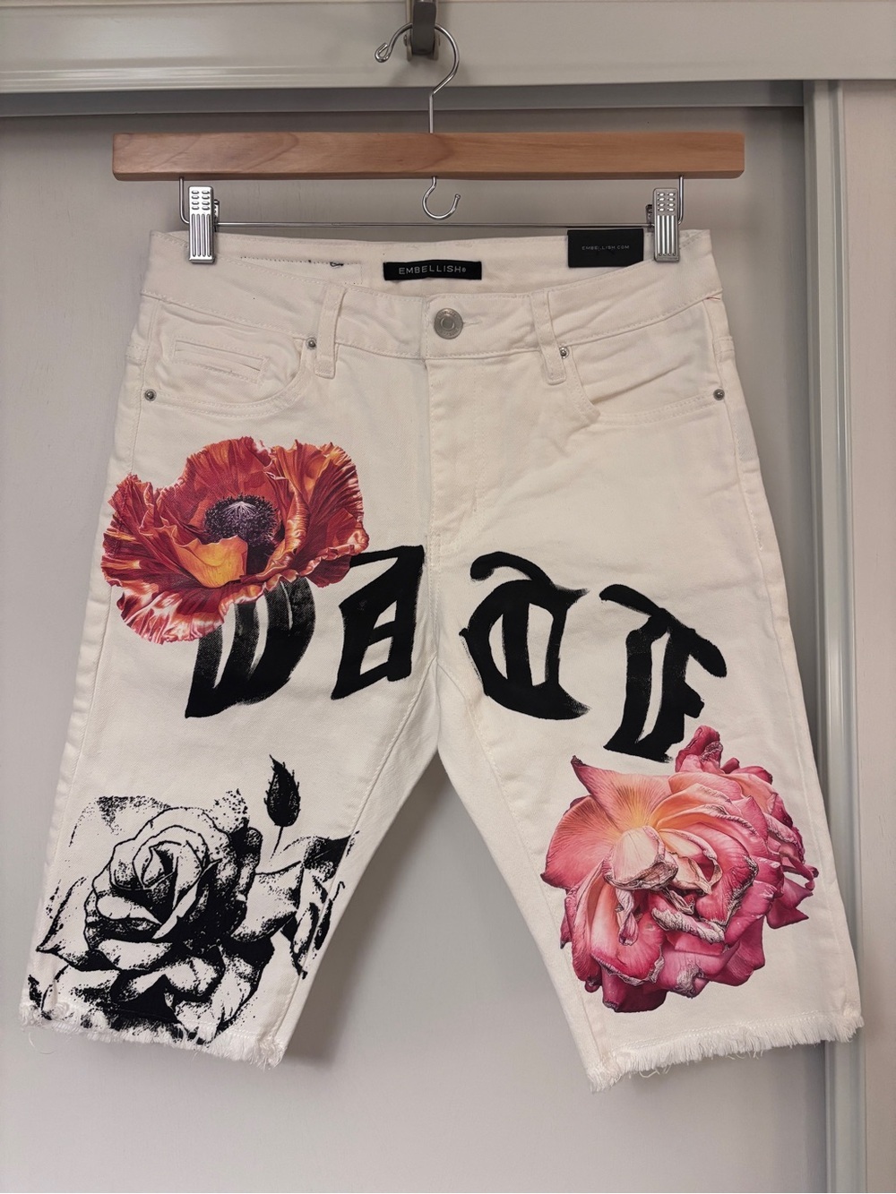 Embellish Mens Jorts Size 30 White Floral Graphic Denim Skinny Jagger Streetwear